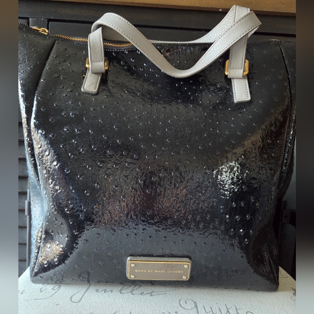 Marc by Marc Jacobs Take Me Home Ozzie Ostrich Leather Tote Gray Handles